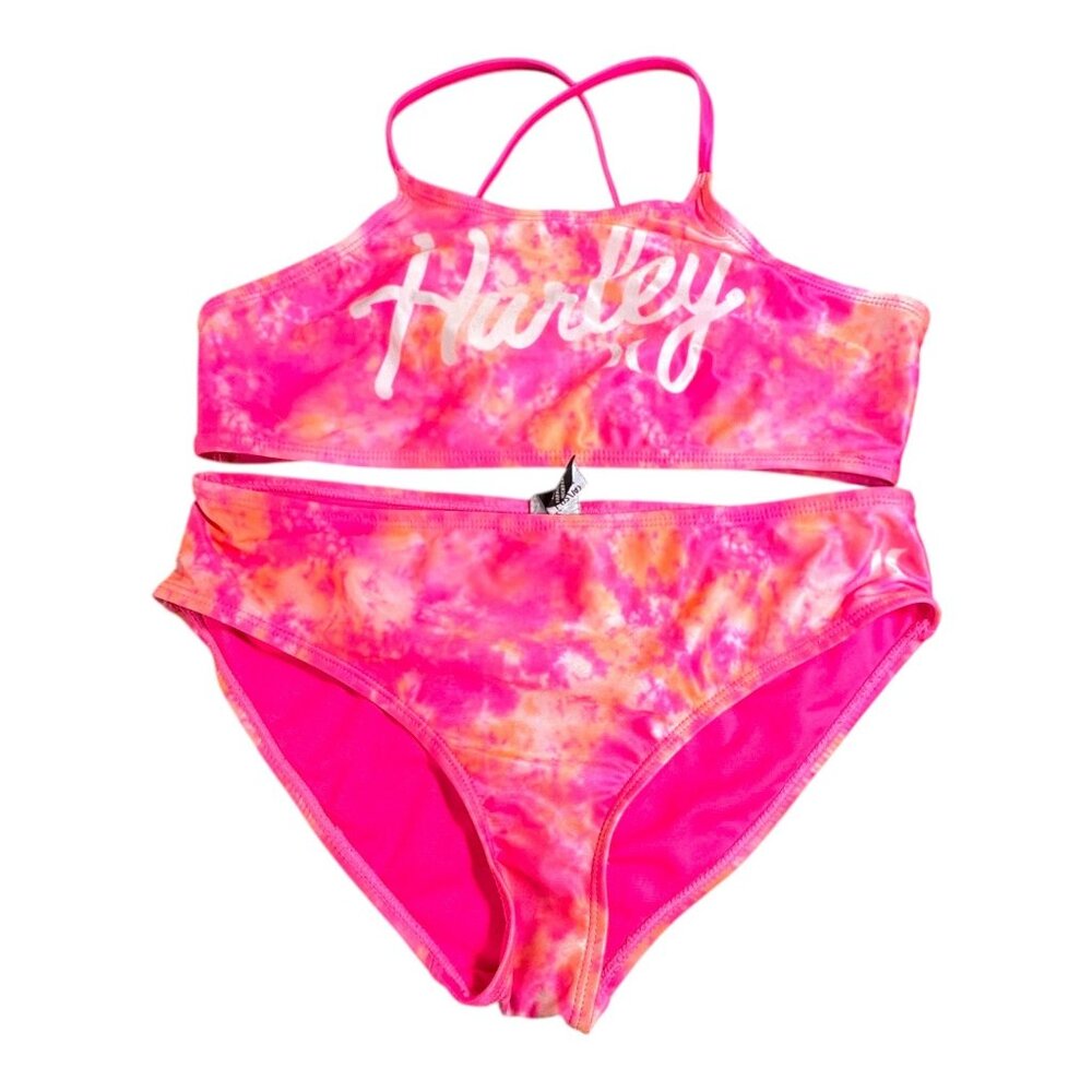 Hurley Girls Tie Dye High Neck Bikini Set L 12 14 Pink Orange Swimsuit Two Pc